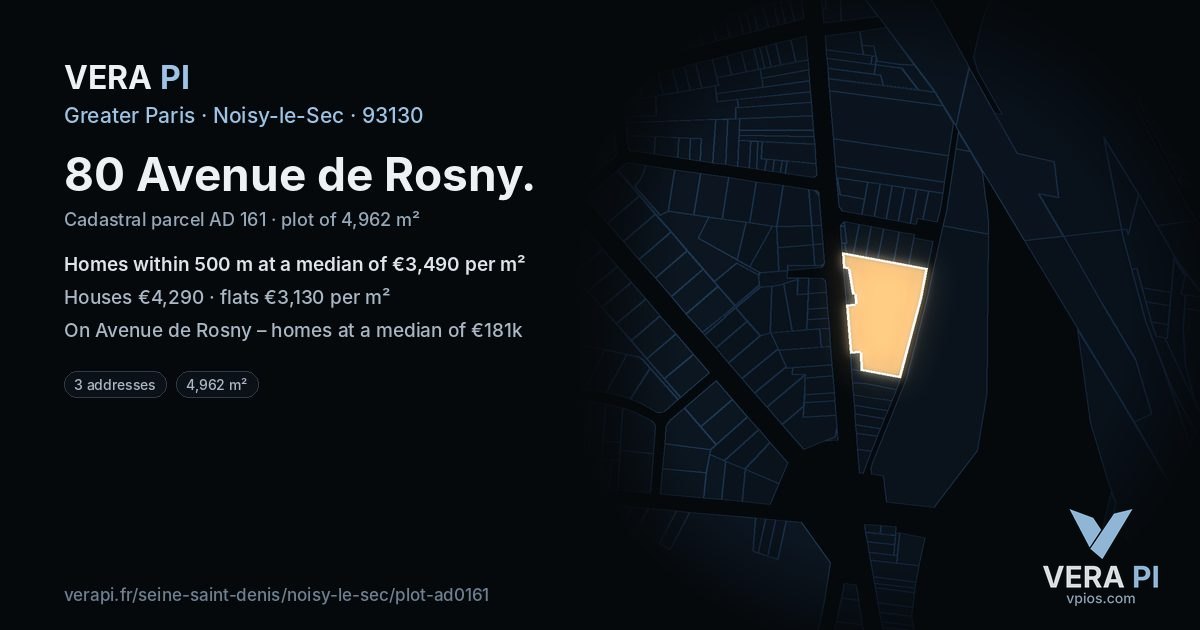 80 Avenue de Rosny, Noisy-le-Sec at night – the plot lit, the parcels around coloured by the prices near them