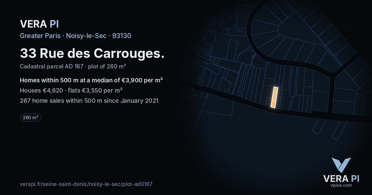 33 Rue des Carrouges, Noisy-le-Sec at night – the plot lit, the parcels around coloured by the prices near them