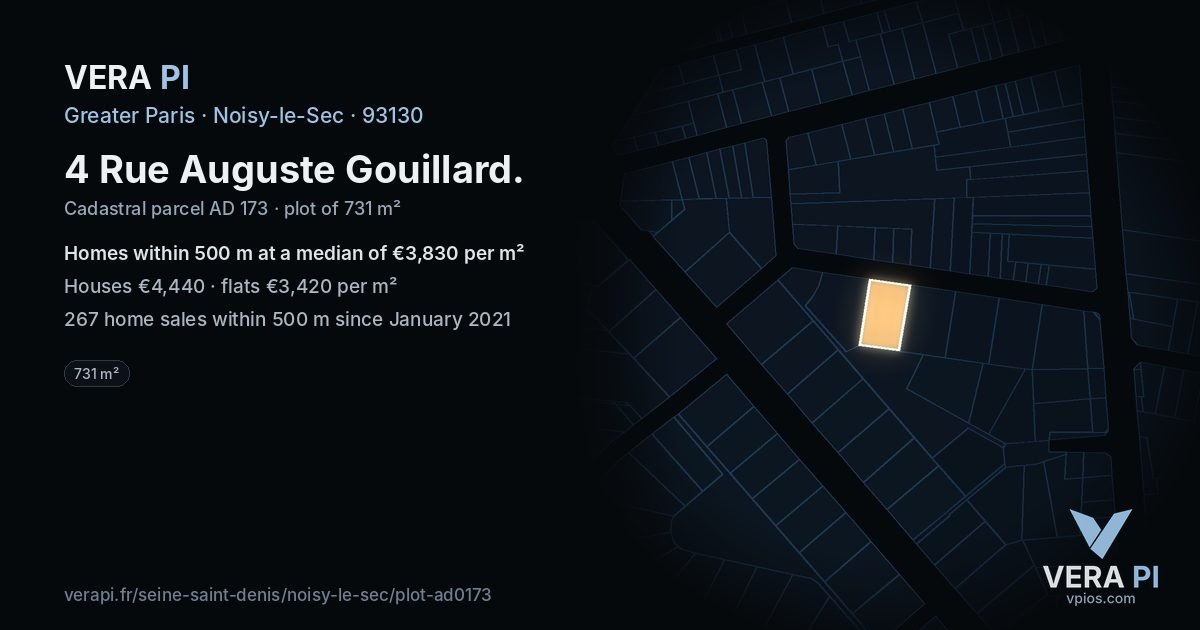 4 Rue Auguste Gouillard, Noisy-le-Sec at night – the plot lit, the parcels around coloured by the prices near them
