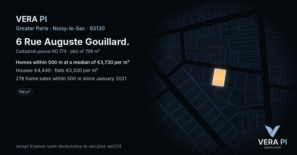 6 Rue Auguste Gouillard, Noisy-le-Sec at night – the plot lit, the parcels around coloured by the prices near them