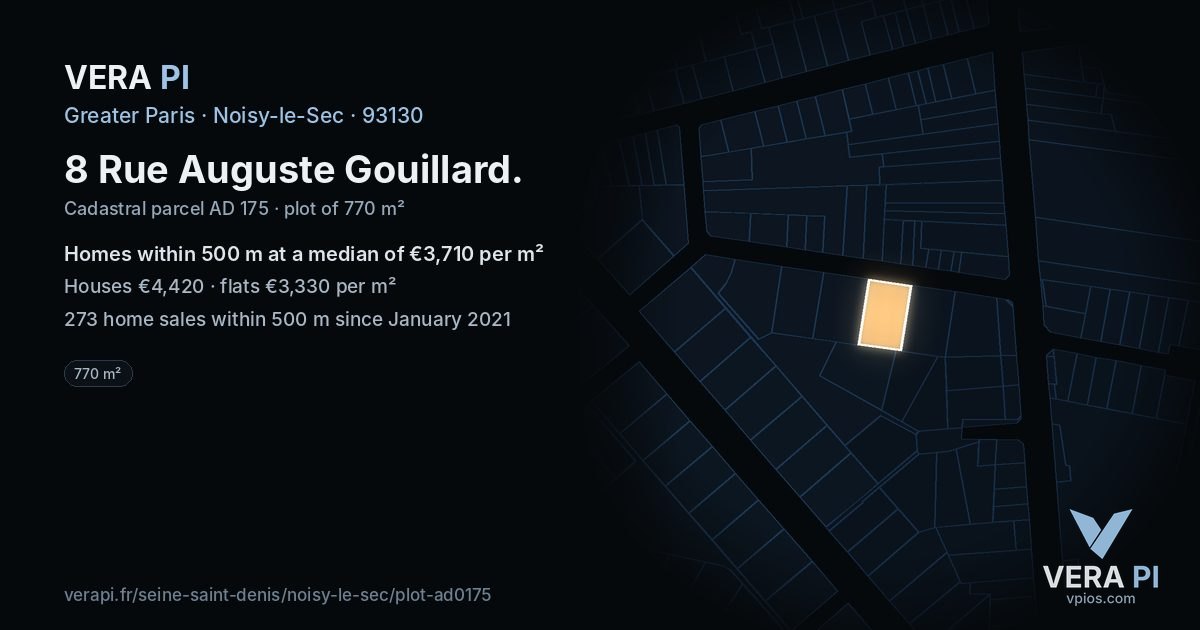 8 Rue Auguste Gouillard, Noisy-le-Sec at night – the plot lit, the parcels around coloured by the prices near them