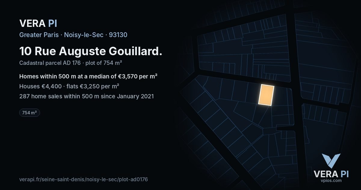 10 Rue Auguste Gouillard, Noisy-le-Sec at night – the plot lit, the parcels around coloured by the prices near them