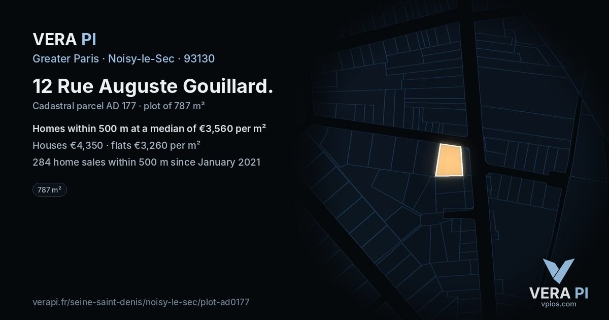 12 Rue Auguste Gouillard, Noisy-le-Sec at night – the plot lit, the parcels around coloured by the prices near them