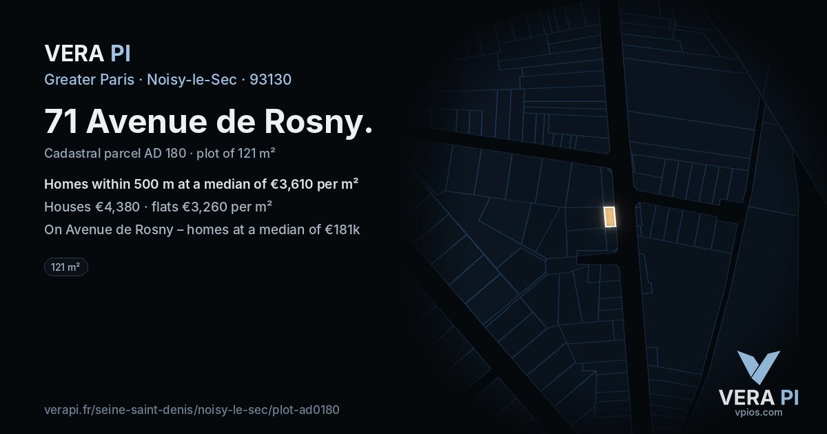 71 Avenue de Rosny, Noisy-le-Sec at night – the plot lit, the parcels around coloured by the prices near them