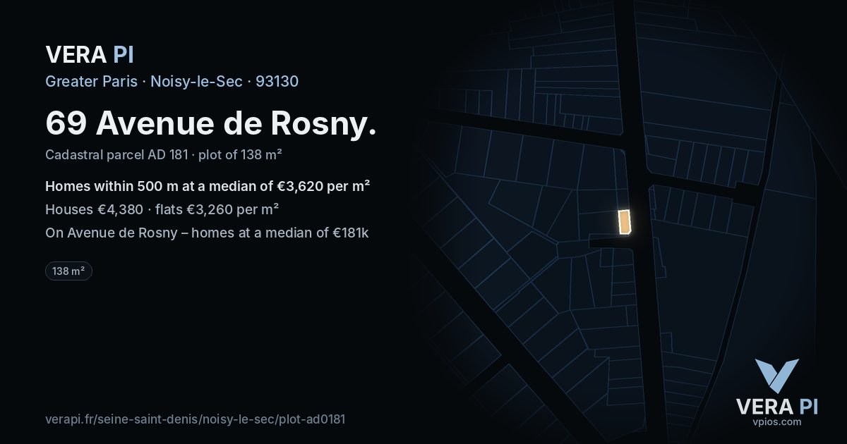 69 Avenue de Rosny, Noisy-le-Sec at night – the plot lit, the parcels around coloured by the prices near them