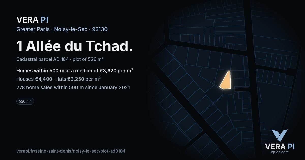 1 Allée du Tchad, Noisy-le-Sec at night – the plot lit, the parcels around coloured by the prices near them