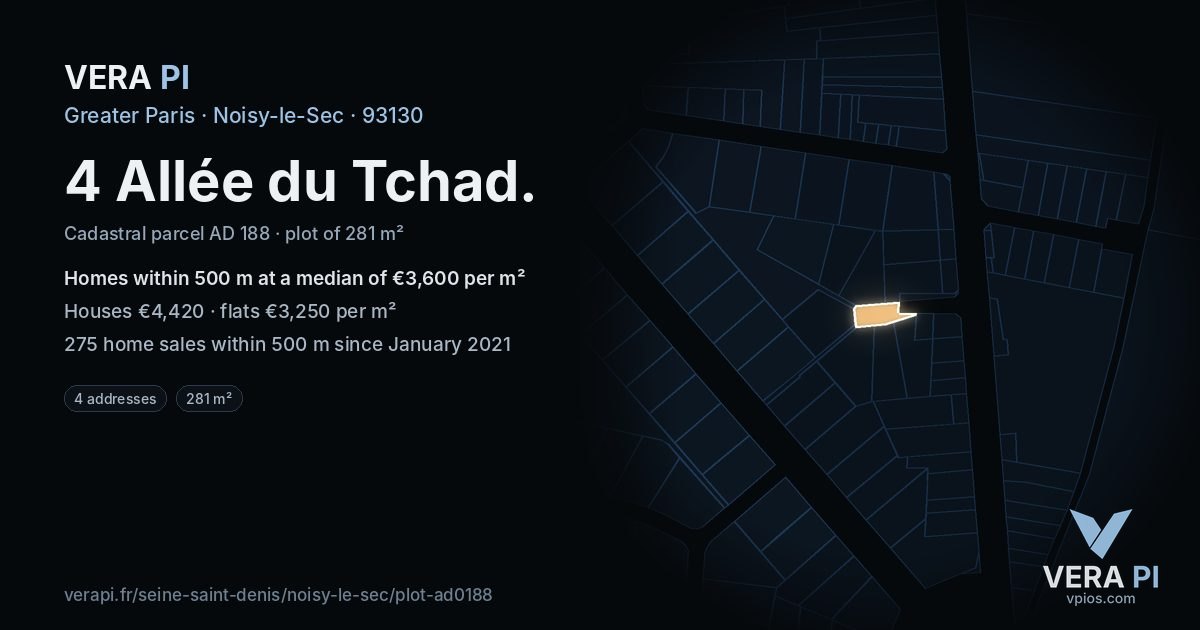 4 Allée du Tchad, Noisy-le-Sec at night – the plot lit, the parcels around coloured by the prices near them