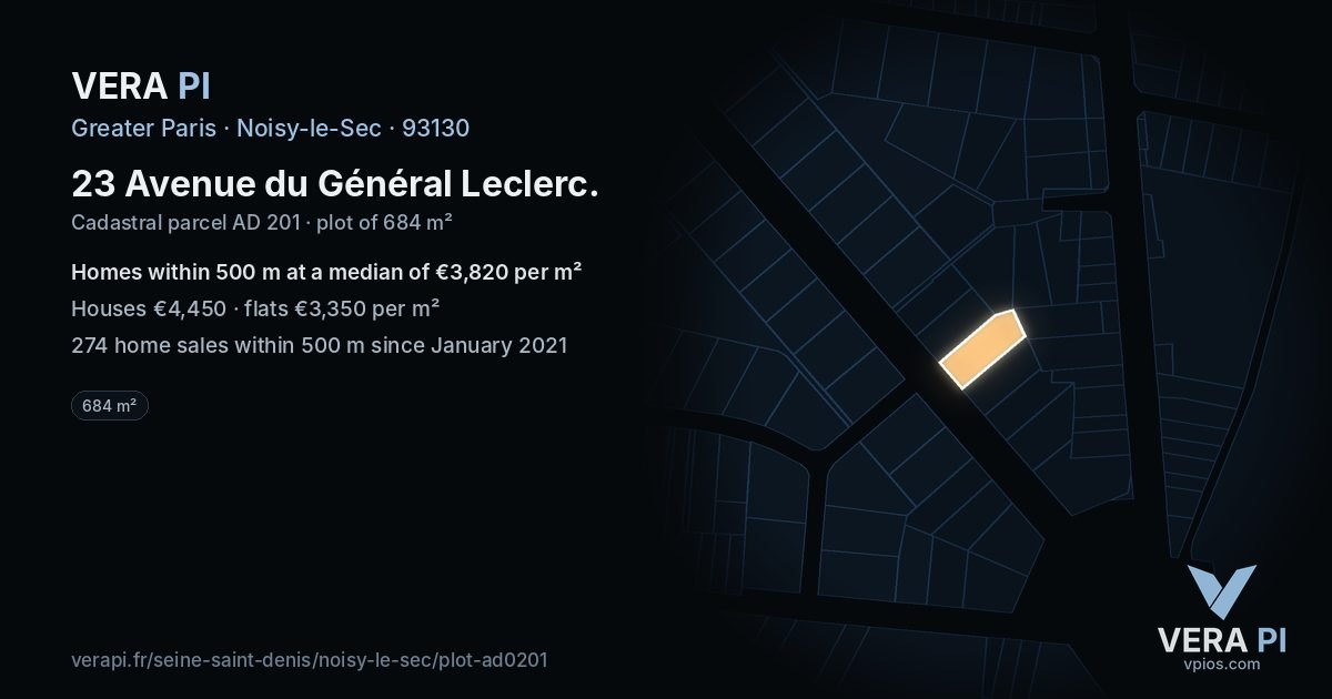 23 Avenue du Général Leclerc, Noisy-le-Sec at night – the plot lit, the parcels around coloured by the prices near them