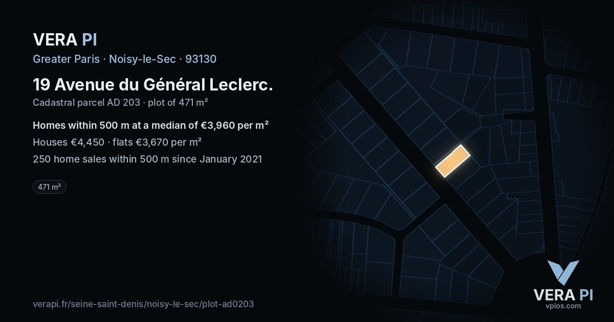 19 Avenue du Général Leclerc, Noisy-le-Sec at night – the plot lit, the parcels around coloured by the prices near them