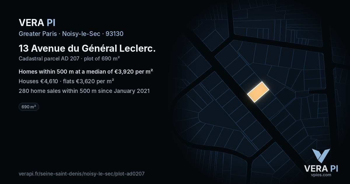 13 Avenue du Général Leclerc, Noisy-le-Sec at night – the plot lit, the parcels around coloured by the prices near them