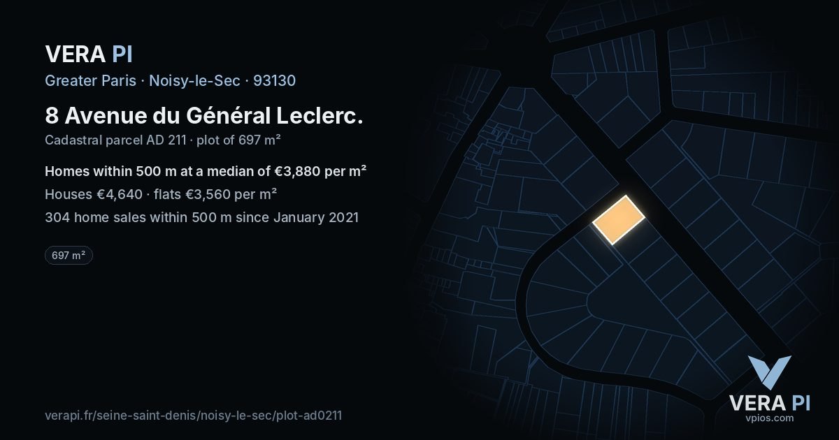 8 Avenue du Général Leclerc, Noisy-le-Sec at night – the plot lit, the parcels around coloured by the prices near them