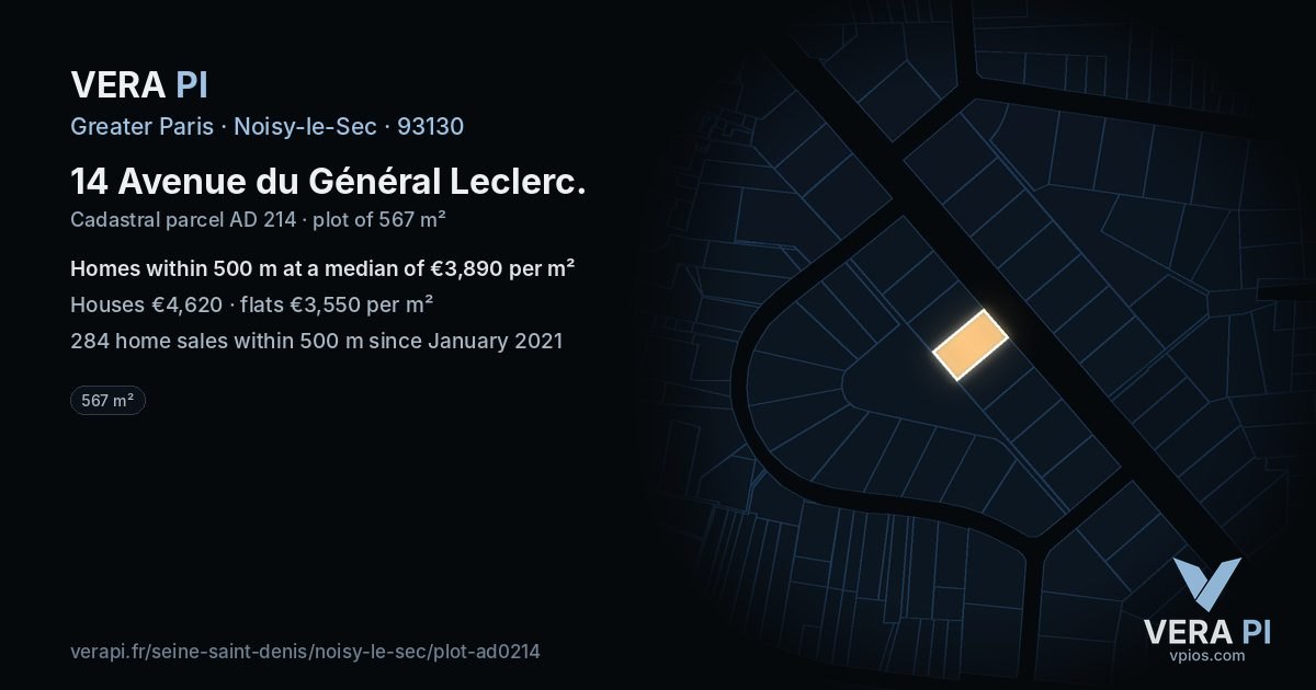 14 Avenue du Général Leclerc, Noisy-le-Sec at night – the plot lit, the parcels around coloured by the prices near them