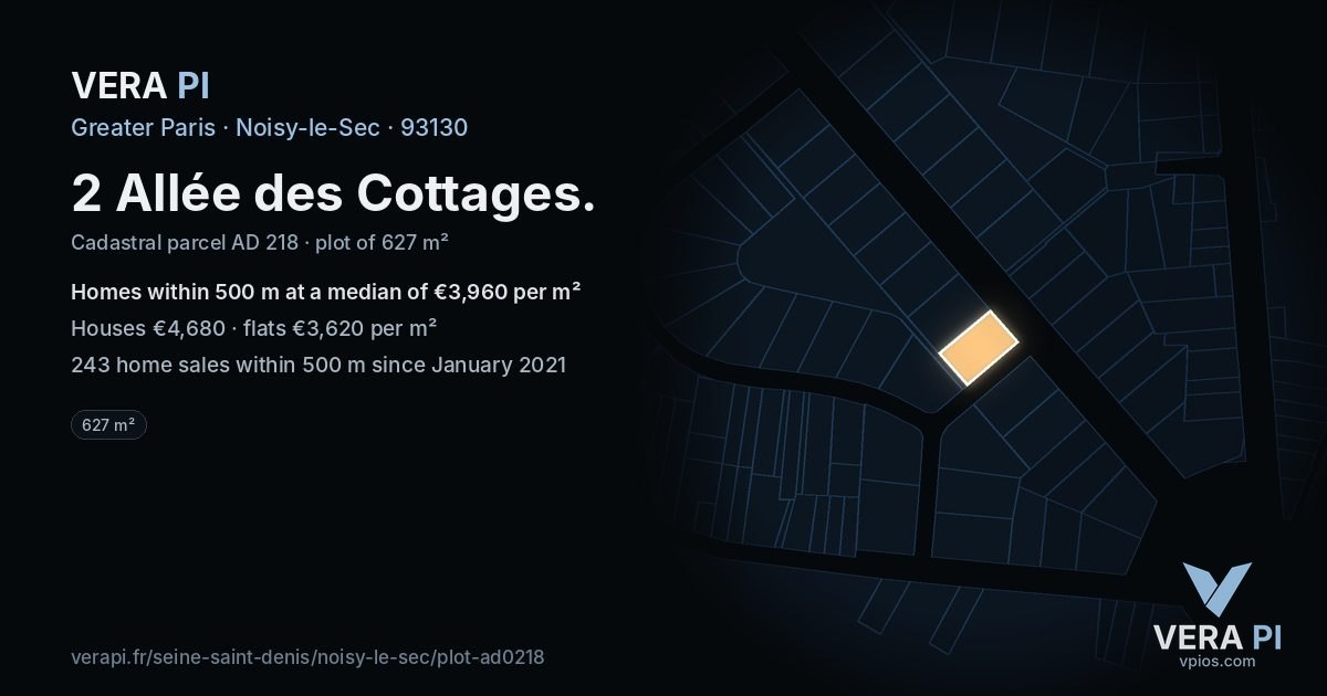 2 Allée des Cottages, Noisy-le-Sec at night – the plot lit, the parcels around coloured by the prices near them