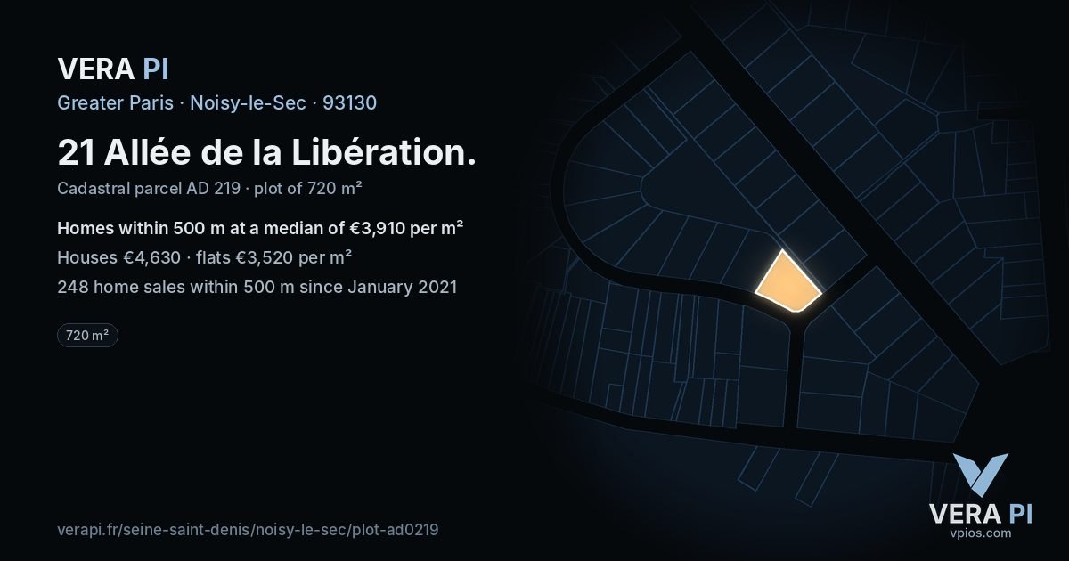 21 Allée de la Libération, Noisy-le-Sec at night – the plot lit, the parcels around coloured by the prices near them