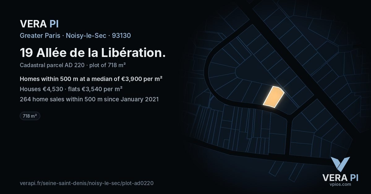 19 Allée de la Libération, Noisy-le-Sec at night – the plot lit, the parcels around coloured by the prices near them