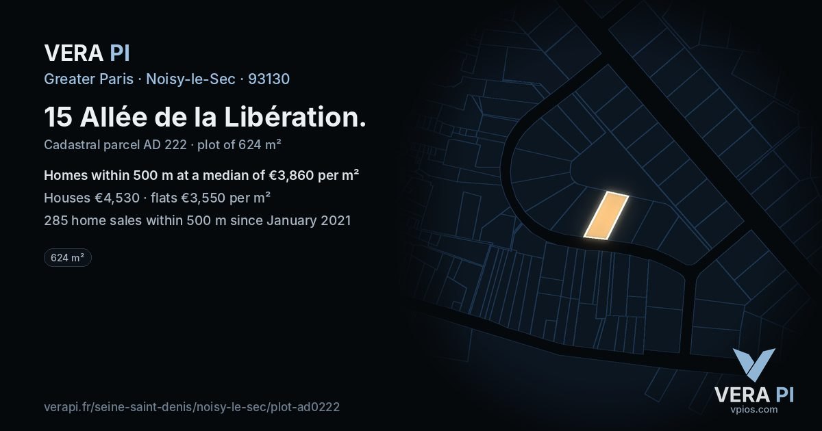 15 Allée de la Libération, Noisy-le-Sec at night – the plot lit, the parcels around coloured by the prices near them