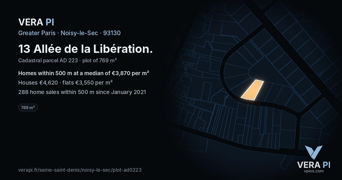 13 Allée de la Libération, Noisy-le-Sec at night – the plot lit, the parcels around coloured by the prices near them