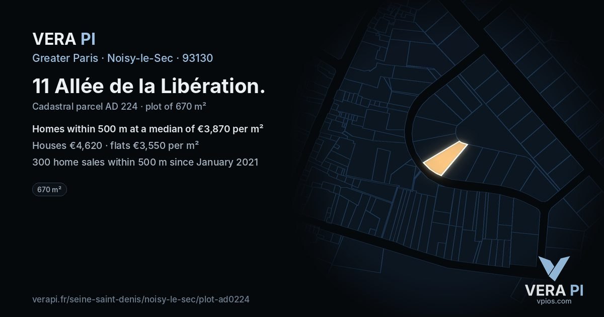 11 Allée de la Libération, Noisy-le-Sec at night – the plot lit, the parcels around coloured by the prices near them