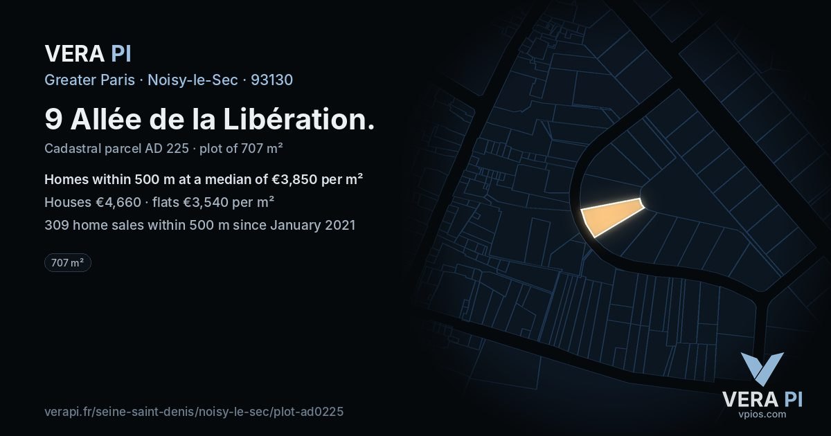 9 Allée de la Libération, Noisy-le-Sec at night – the plot lit, the parcels around coloured by the prices near them