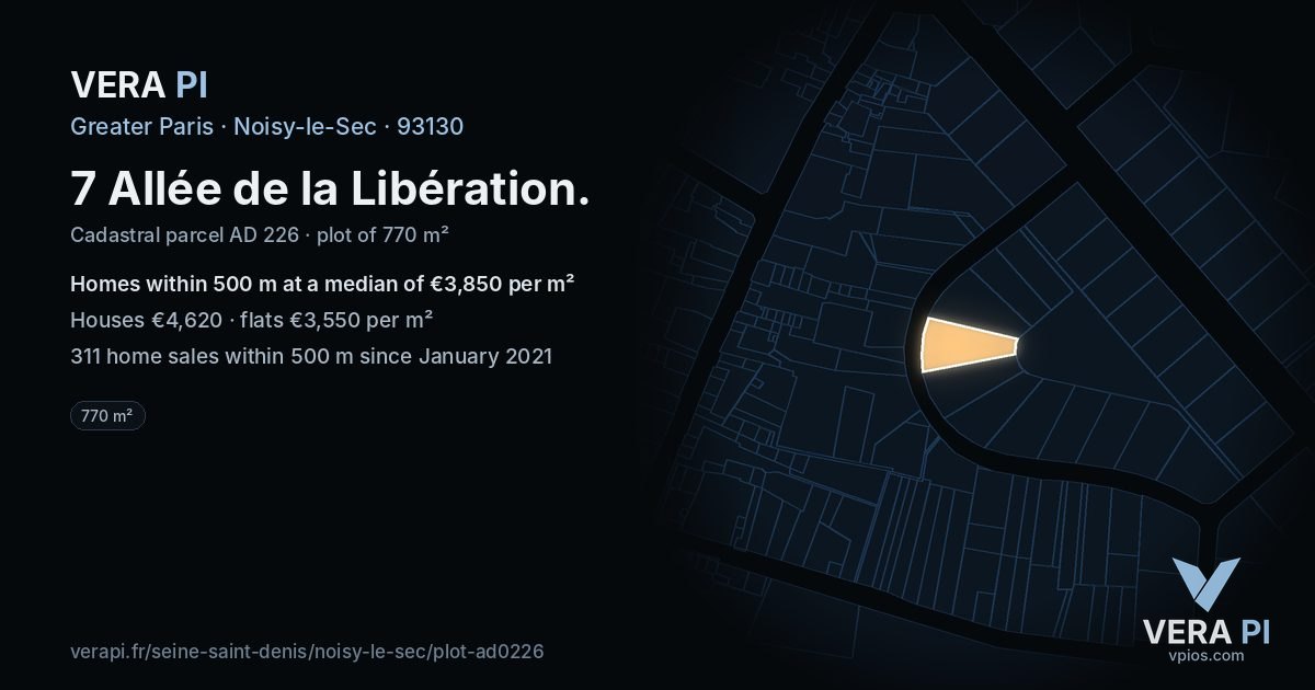 7 Allée de la Libération, Noisy-le-Sec at night – the plot lit, the parcels around coloured by the prices near them