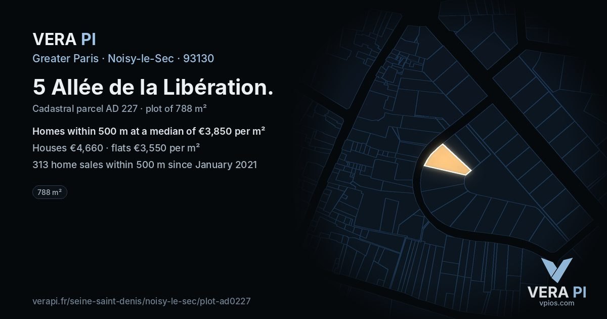 5 Allée de la Libération, Noisy-le-Sec at night – the plot lit, the parcels around coloured by the prices near them