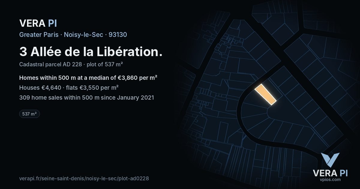 3 Allée de la Libération, Noisy-le-Sec at night – the plot lit, the parcels around coloured by the prices near them