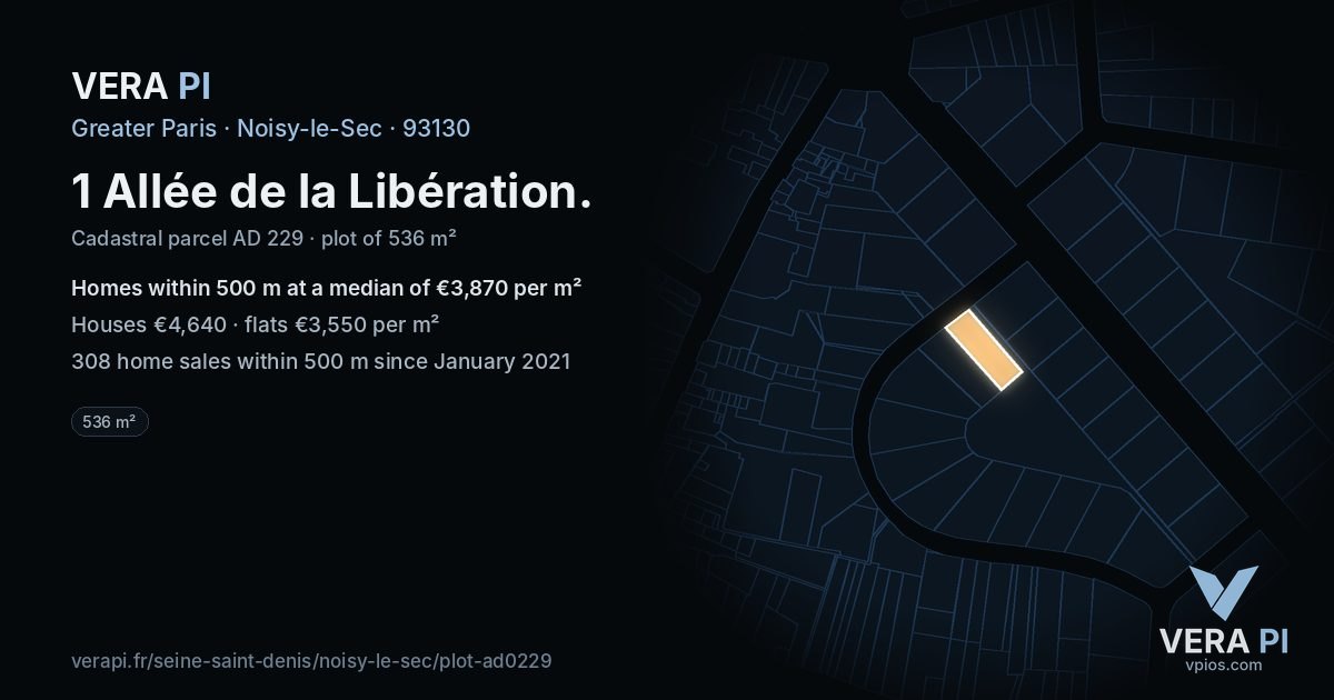 1 Allée de la Libération, Noisy-le-Sec at night – the plot lit, the parcels around coloured by the prices near them