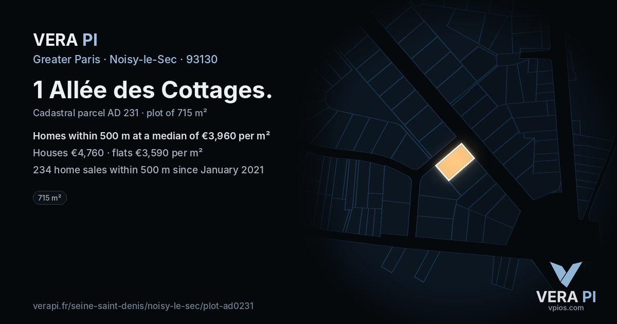 1 Allée des Cottages, Noisy-le-Sec at night – the plot lit, the parcels around coloured by the prices near them