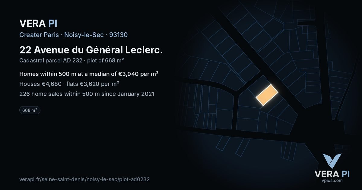 22 Avenue du Général Leclerc, Noisy-le-Sec at night – the plot lit, the parcels around coloured by the prices near them