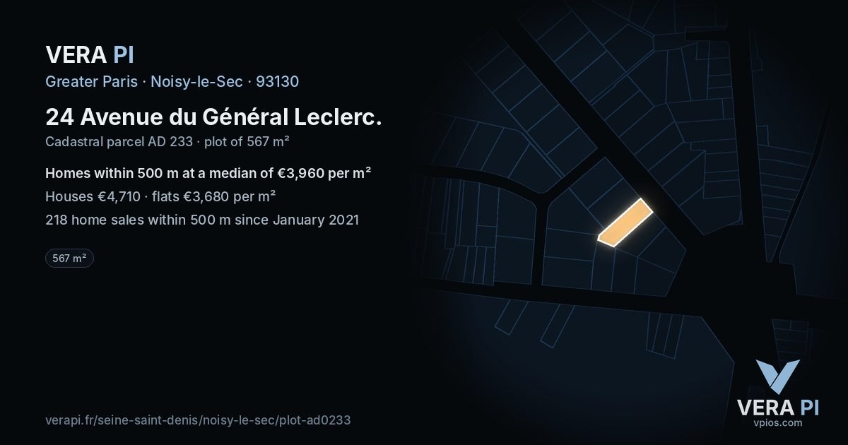 24 Avenue du Général Leclerc, Noisy-le-Sec at night – the plot lit, the parcels around coloured by the prices near them