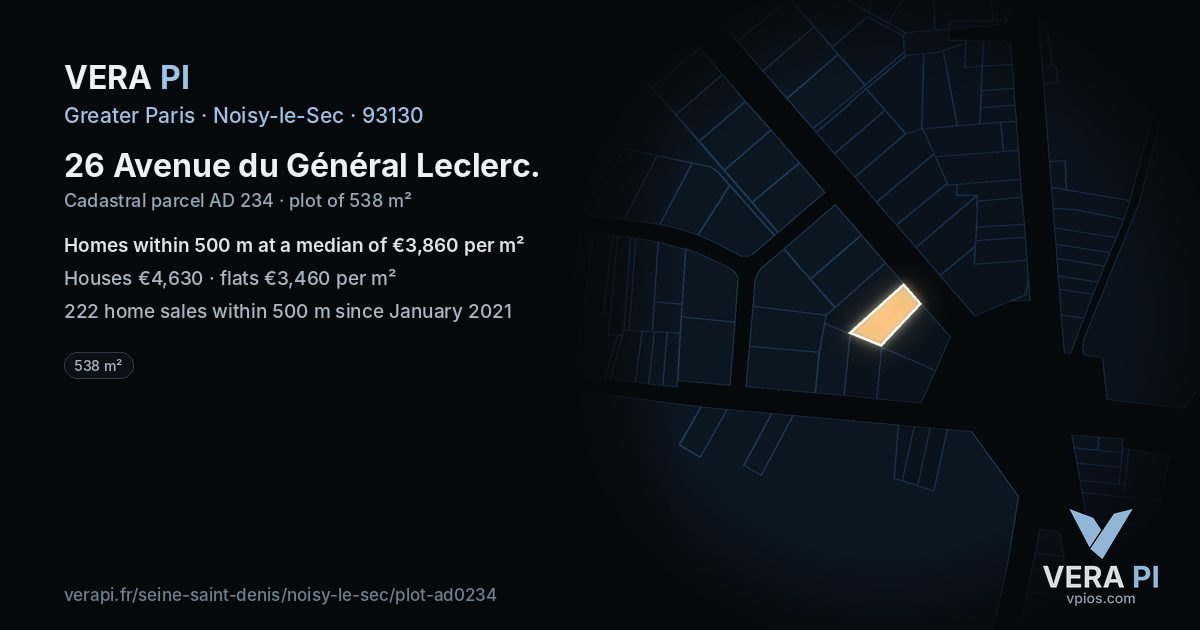 26 Avenue du Général Leclerc, Noisy-le-Sec at night – the plot lit, the parcels around coloured by the prices near them