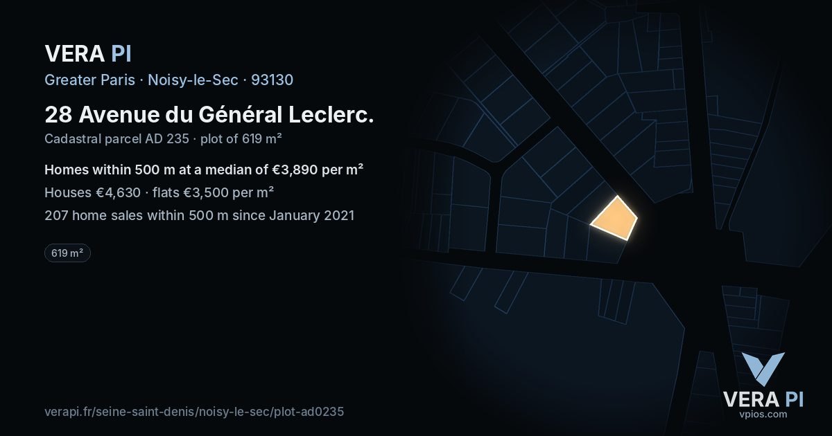 28 Avenue du Général Leclerc, Noisy-le-Sec at night – the plot lit, the parcels around coloured by the prices near them
