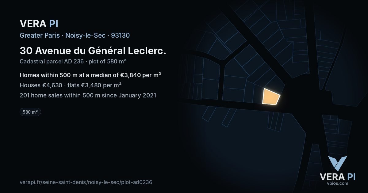 30 Avenue du Général Leclerc, Noisy-le-Sec at night – the plot lit, the parcels around coloured by the prices near them