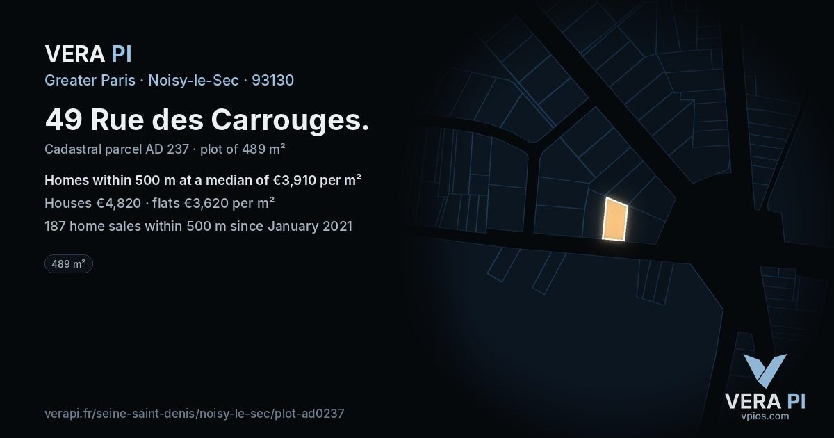 49 Rue des Carrouges, Noisy-le-Sec at night – the plot lit, the parcels around coloured by the prices near them