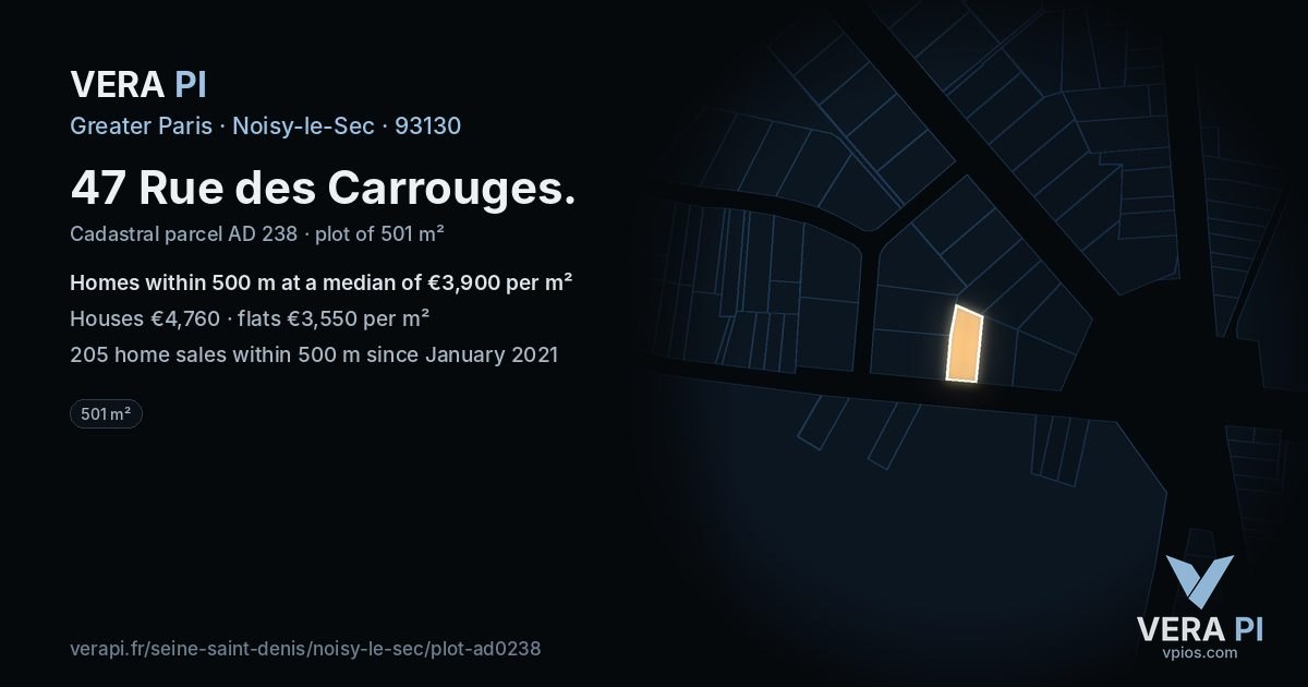 47 Rue des Carrouges, Noisy-le-Sec at night – the plot lit, the parcels around coloured by the prices near them
