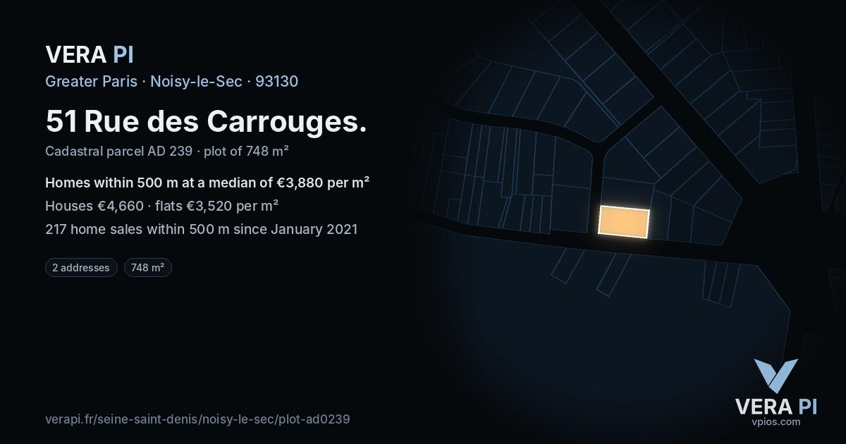 51 Rue des Carrouges, Noisy-le-Sec at night – the plot lit, the parcels around coloured by the prices near them