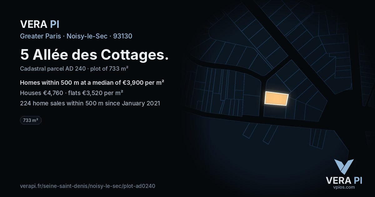 5 Allée des Cottages, Noisy-le-Sec at night – the plot lit, the parcels around coloured by the prices near them