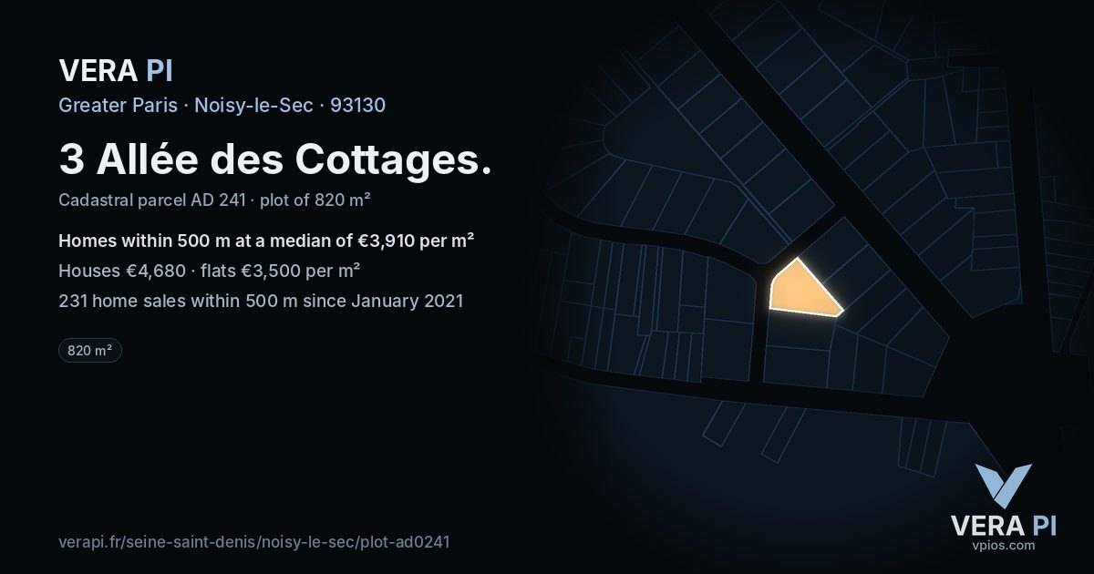 3 Allée des Cottages, Noisy-le-Sec at night – the plot lit, the parcels around coloured by the prices near them