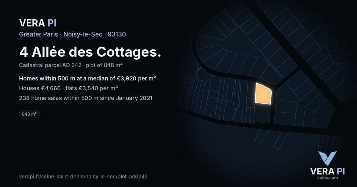 4 Allée des Cottages, Noisy-le-Sec at night – the plot lit, the parcels around coloured by the prices near them
