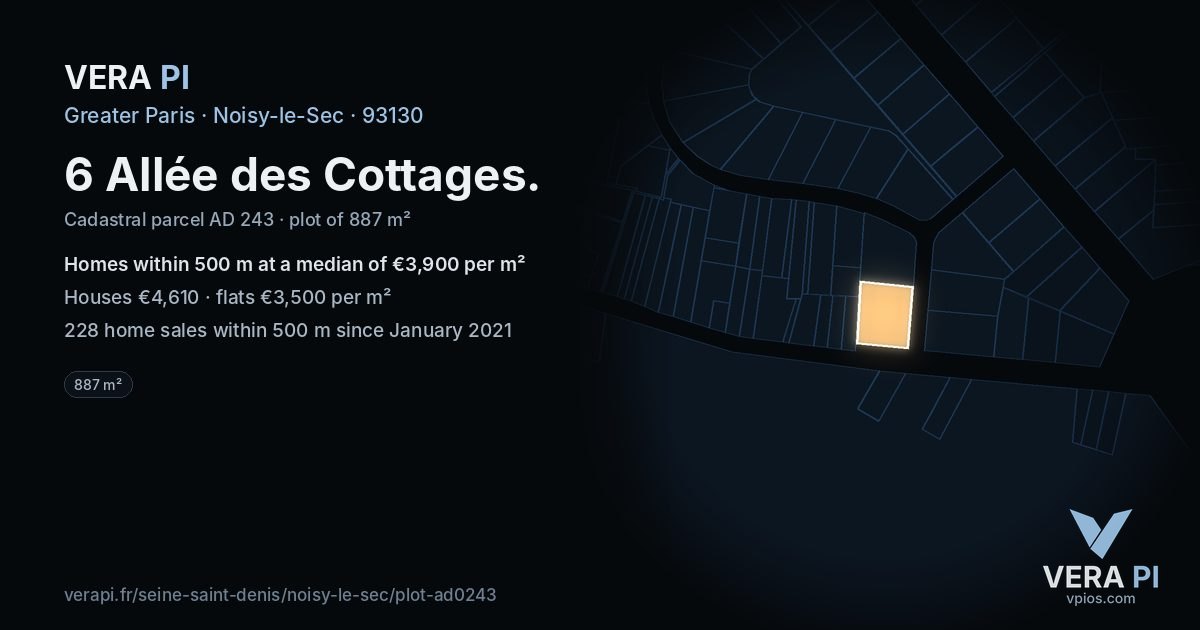 6 Allée des Cottages, Noisy-le-Sec at night – the plot lit, the parcels around coloured by the prices near them