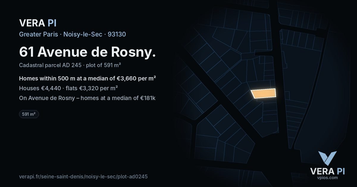 61 Avenue de Rosny, Noisy-le-Sec at night – the plot lit, the parcels around coloured by the prices near them