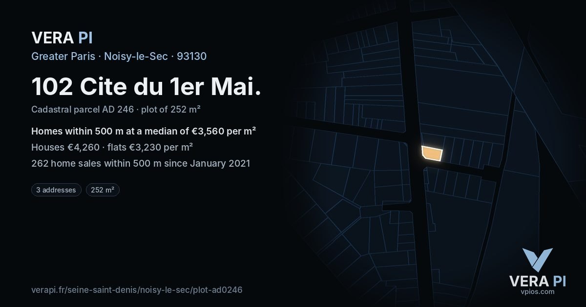 102 Cite du 1er Mai, Noisy-le-Sec at night – the plot lit, the parcels around coloured by the prices near them