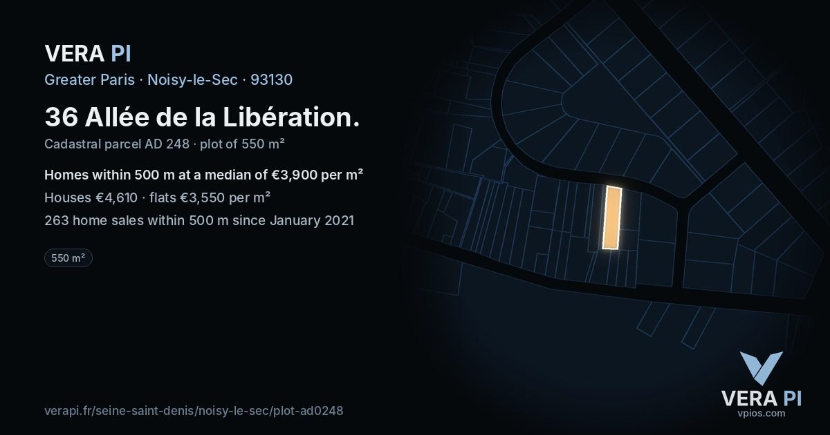 36 Allée de la Libération, Noisy-le-Sec at night – the plot lit, the parcels around coloured by the prices near them