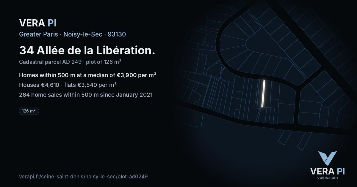 34 Allée de la Libération, Noisy-le-Sec at night – the plot lit, the parcels around coloured by the prices near them