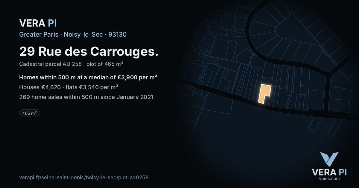 29 Rue des Carrouges, Noisy-le-Sec at night – the plot lit, the parcels around coloured by the prices near them
