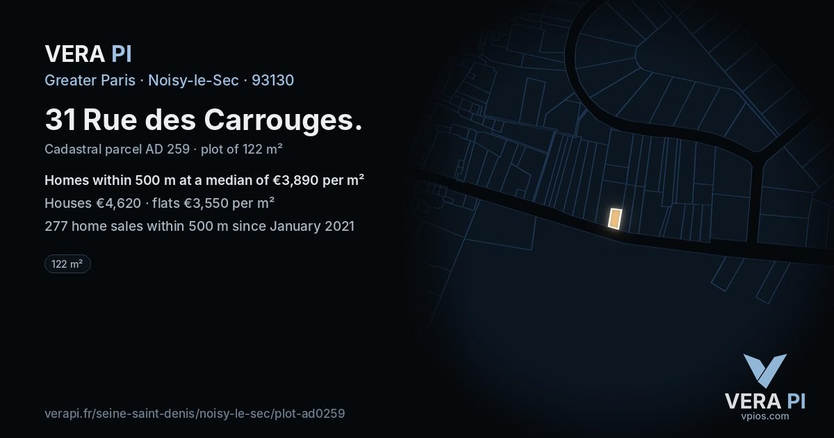 31 Rue des Carrouges, Noisy-le-Sec at night – the plot lit, the parcels around coloured by the prices near them