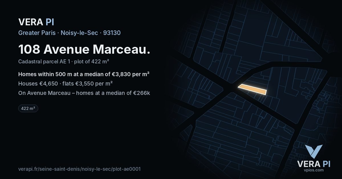 108 Avenue Marceau, Noisy-le-Sec at night – the plot lit, the parcels around coloured by the prices near them