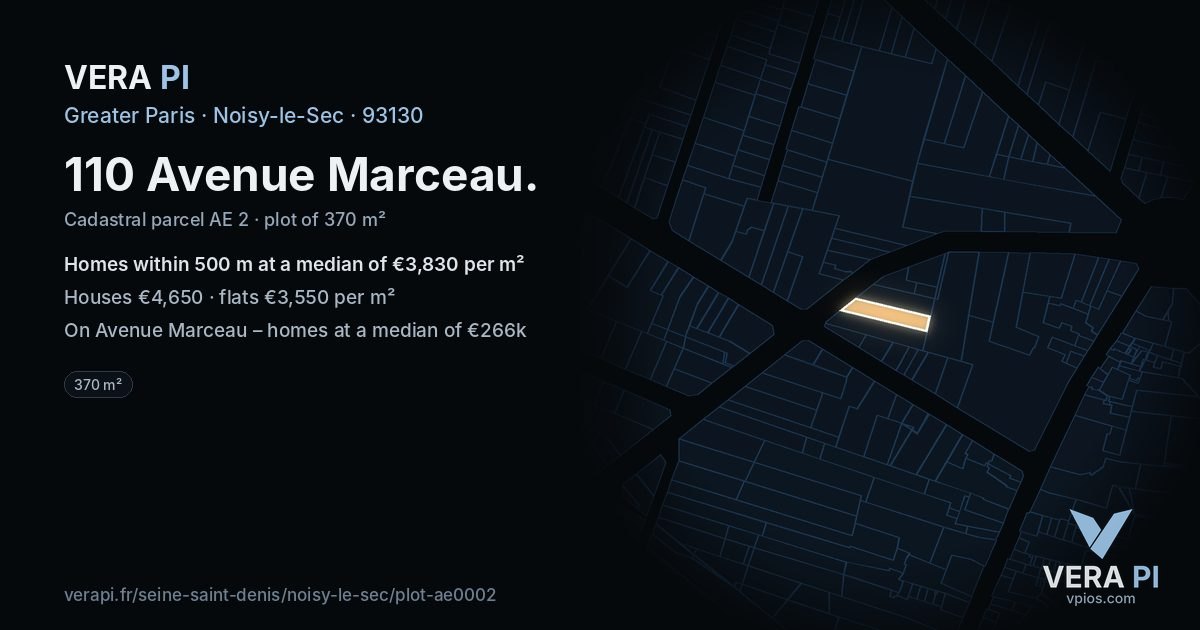 110 Avenue Marceau, Noisy-le-Sec at night – the plot lit, the parcels around coloured by the prices near them
