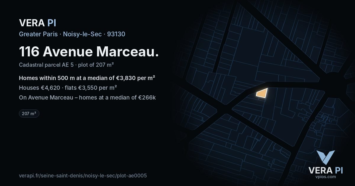 116 Avenue Marceau, Noisy-le-Sec at night – the plot lit, the parcels around coloured by the prices near them