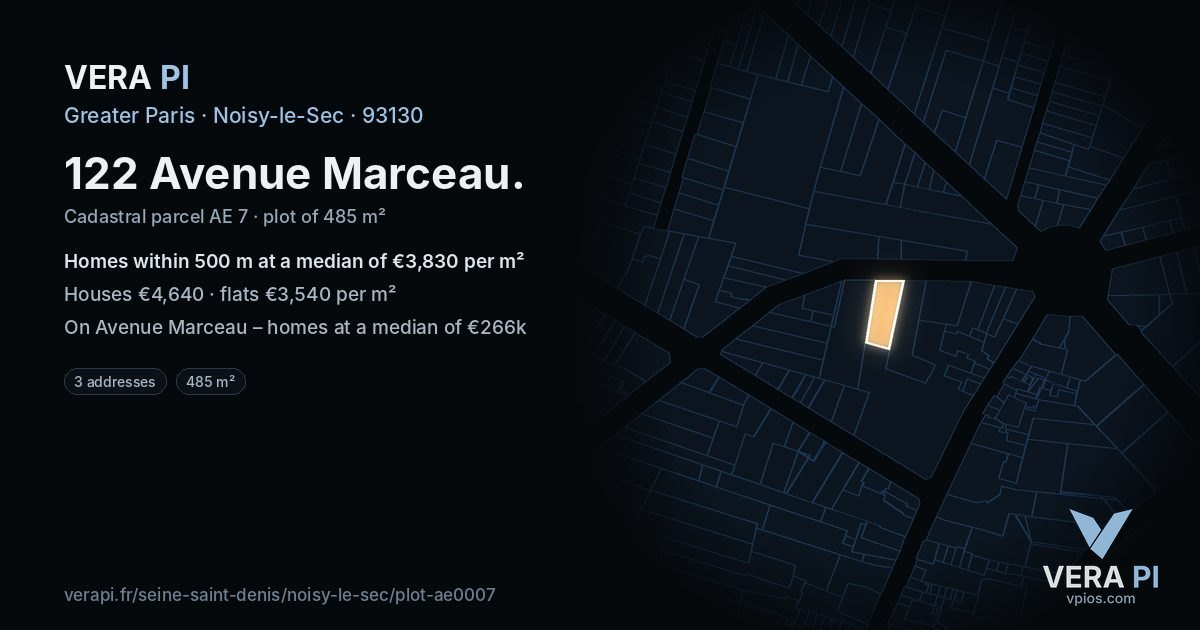 122 Avenue Marceau, Noisy-le-Sec at night – the plot lit, the parcels around coloured by the prices near them